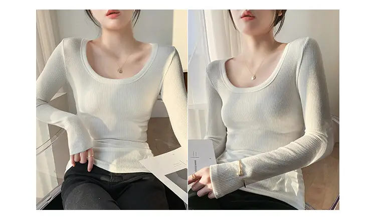 Women's Light Blue Elastic U-Neck Long Sleeve Shirt — feature 8