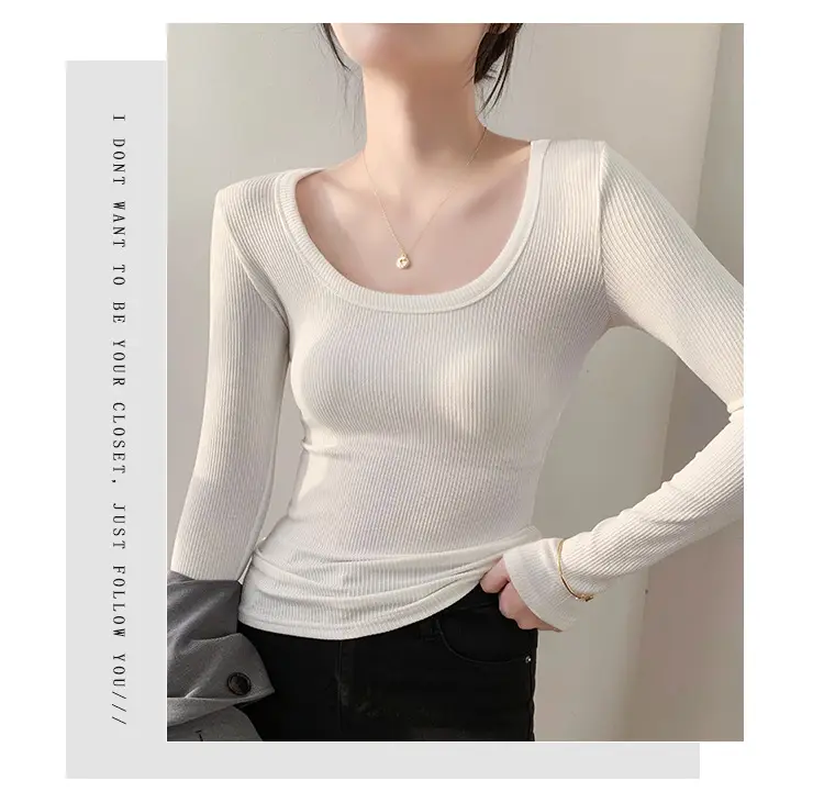 Women's Light Blue Elastic U-Neck Long Sleeve Shirt — feature 9