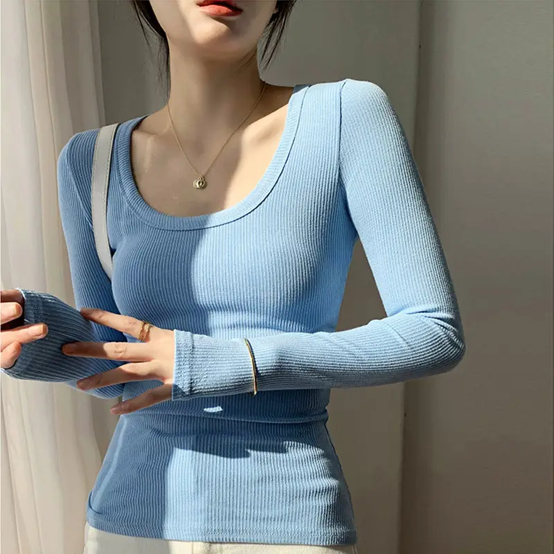 Women's Light Blue Elastic U-Neck Long Sleeve Shirt
