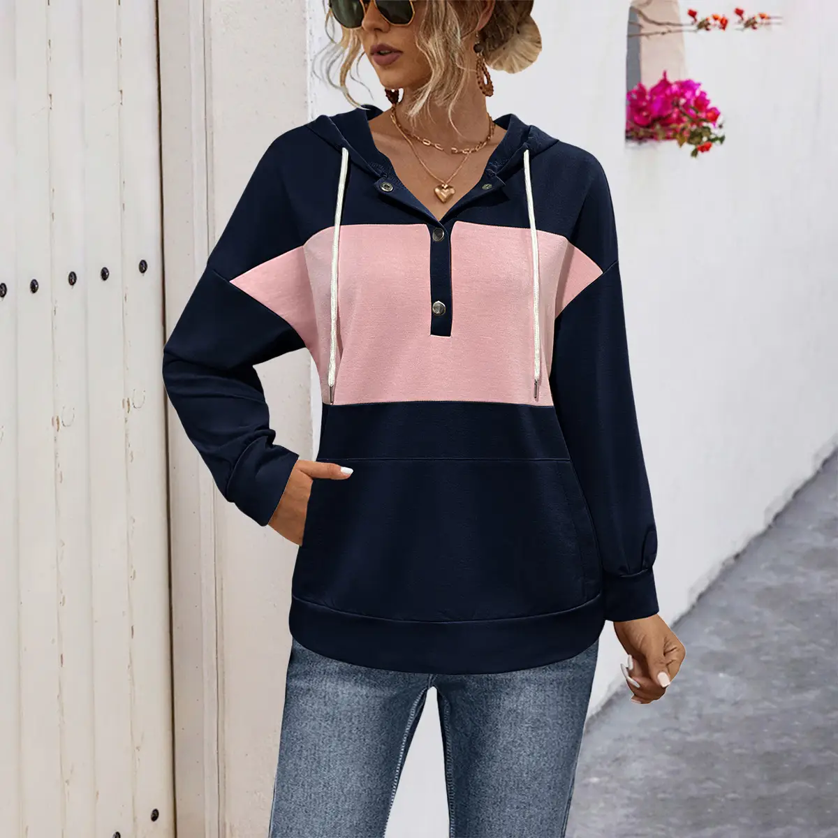 Women's Pink & White Hooded Sweatshirt Autumn 2022 - Image 2