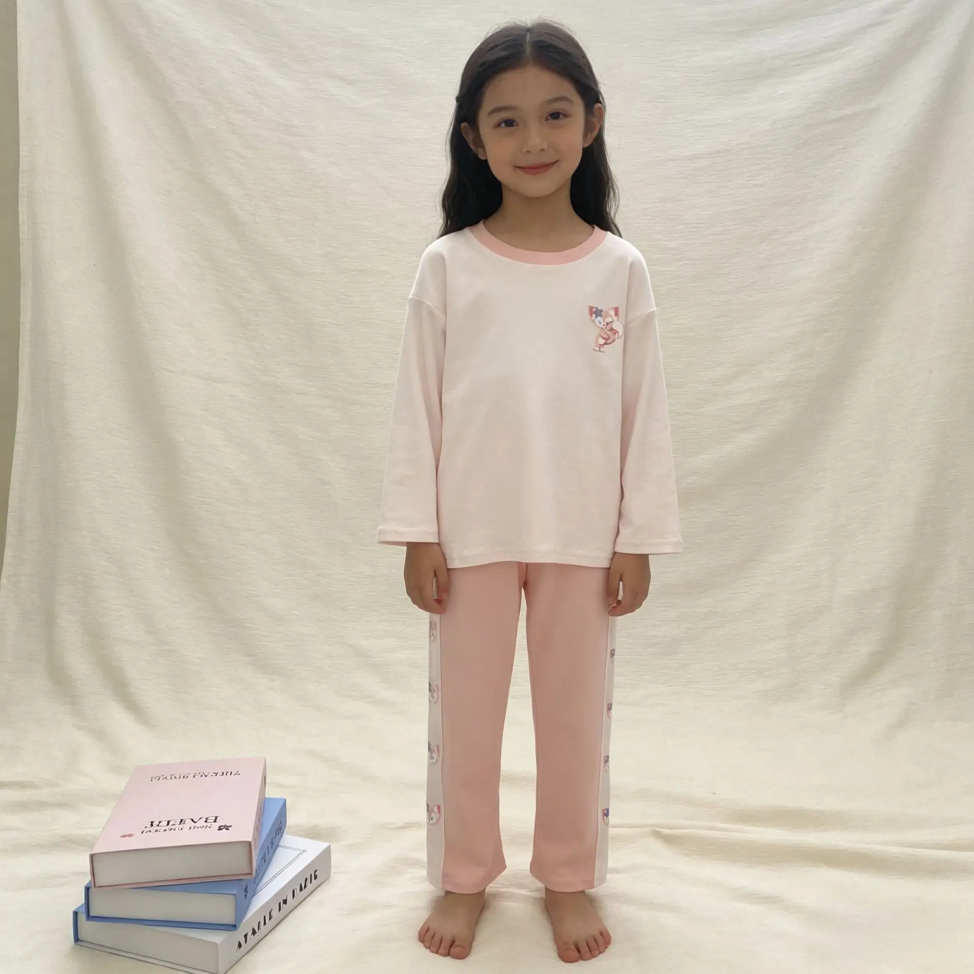 Autumn Loose Pajama Suit for Girls Beige Blue - Image 3