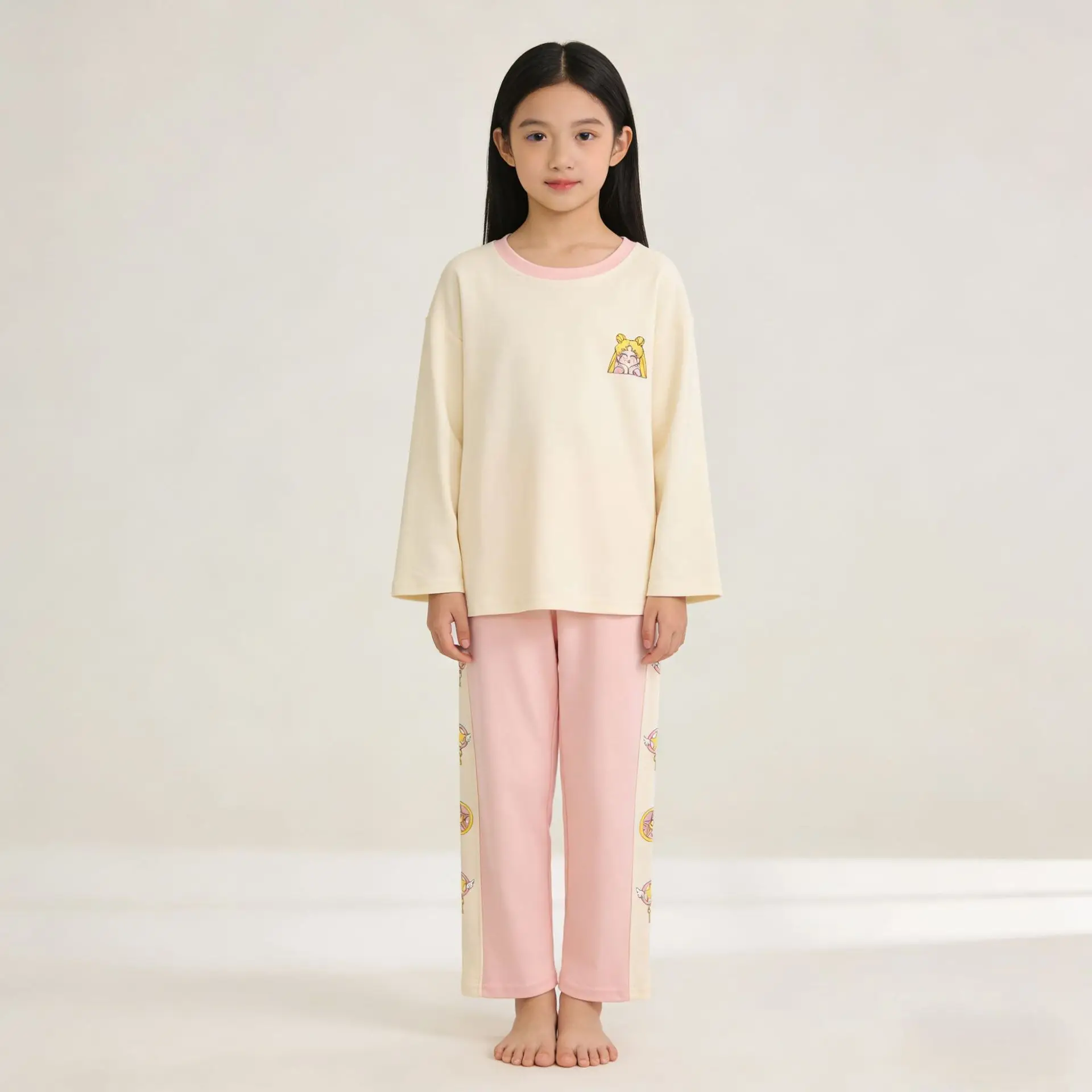 Autumn Loose Pajama Suit for Girls Beige Blue - Image 5