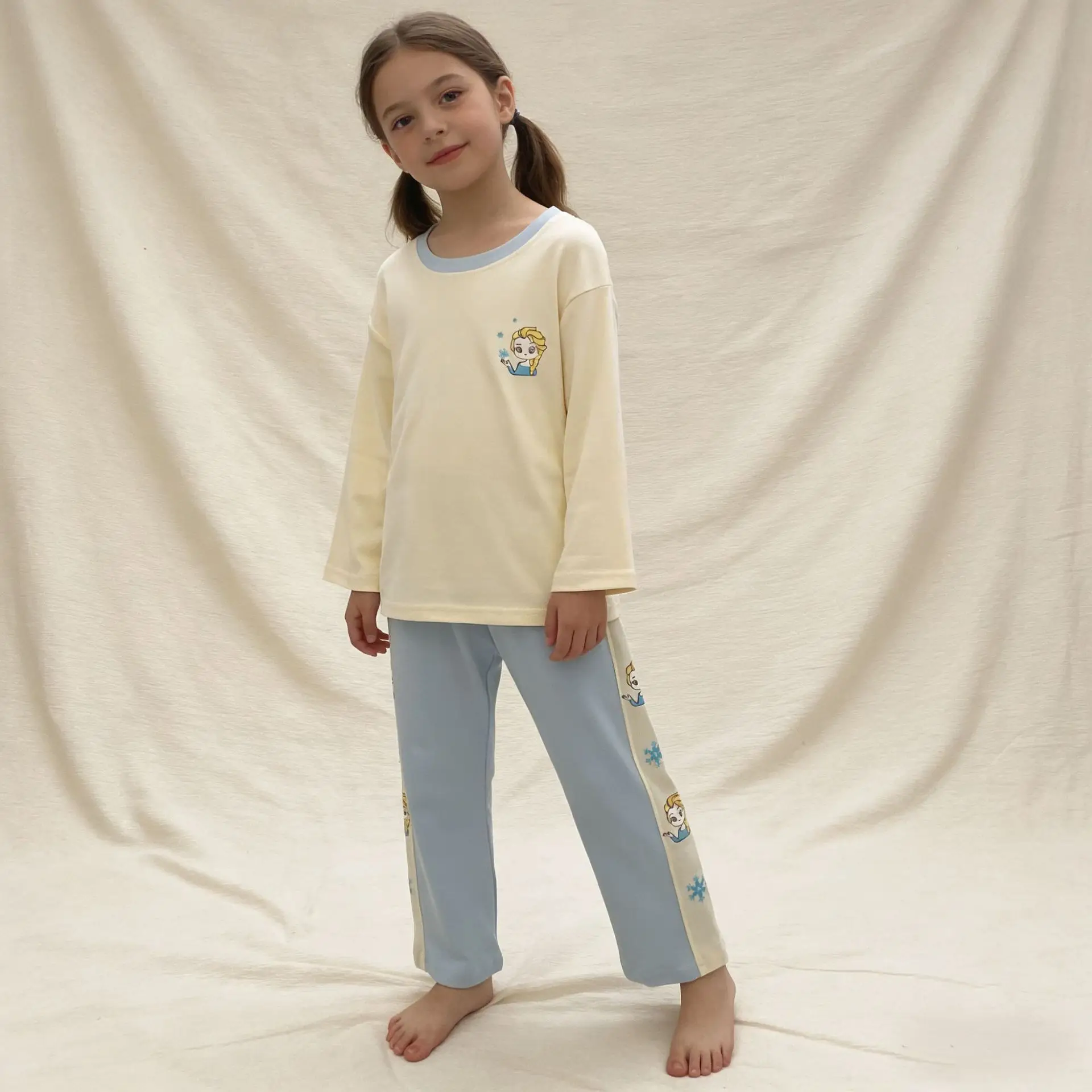Autumn Loose Pajama Suit for Girls Beige Blue - Image 7