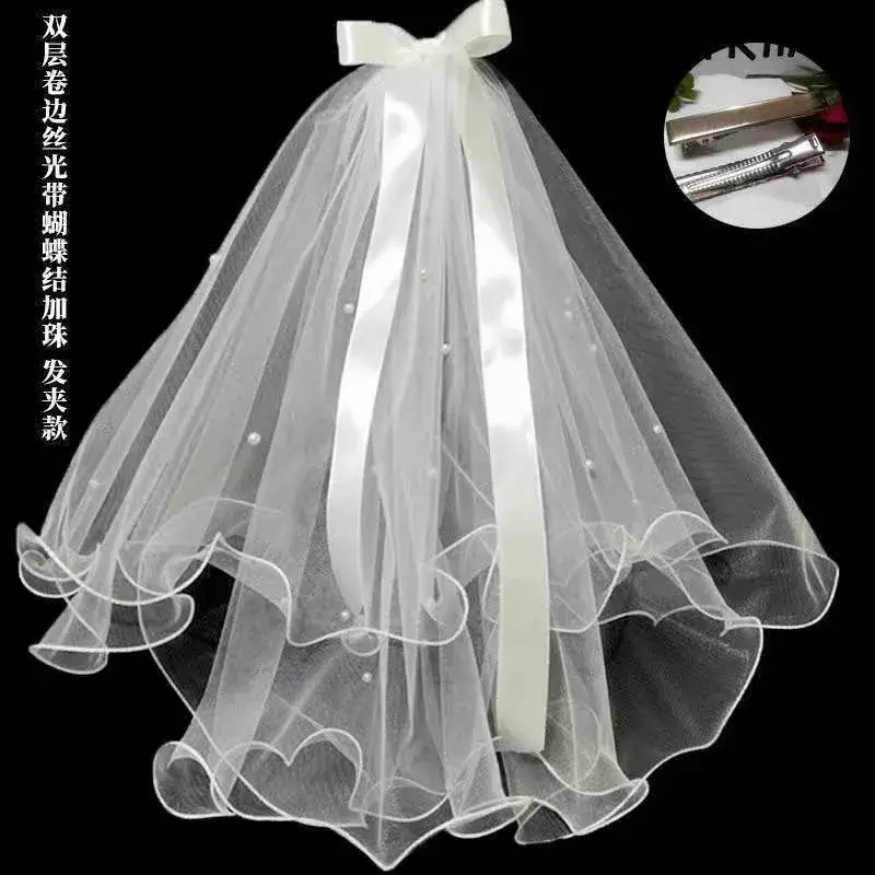 White Veil Bow Short Hair Accessories for Women - Image 2
