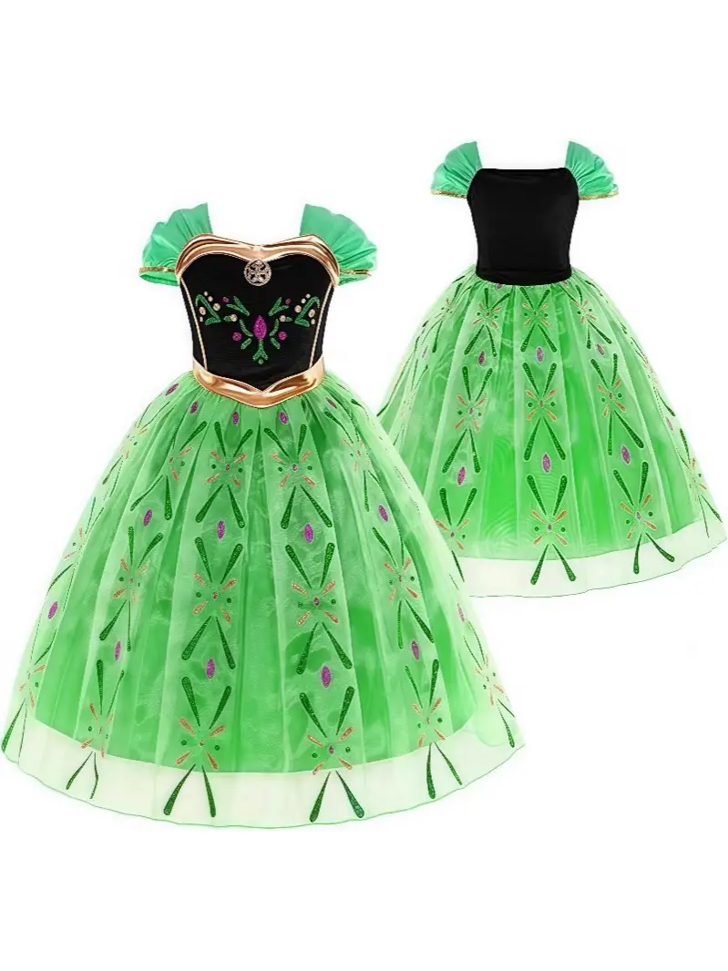Green Frozen Anna Princess Dress for Girls Mid-Length Double Layer - Image 4