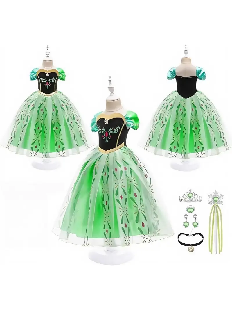 Green Frozen Anna Princess Dress for Girls Mid-Length Double Layer - Image 5