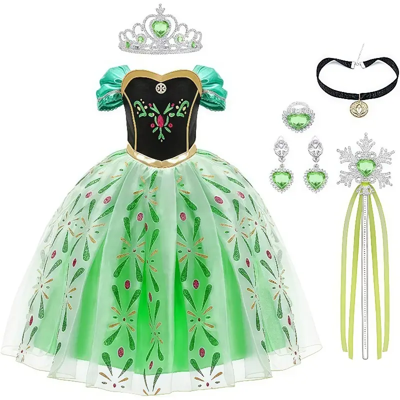 Green Frozen Anna Princess Dress for Girls Mid-Length Double Layer - Image 2