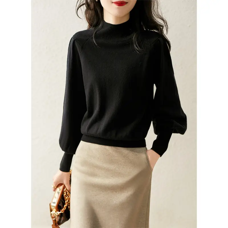 Women Black Knit Sweatshirt with Long Sleeve & High Waist - Image 4