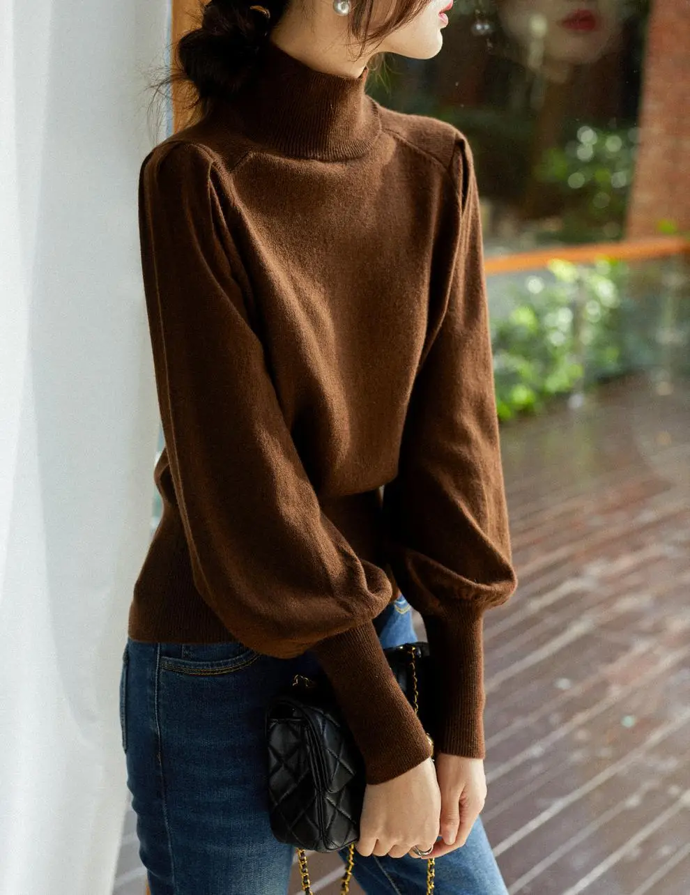 Women Black Knit Sweatshirt with Long Sleeve & High Waist — feature 11