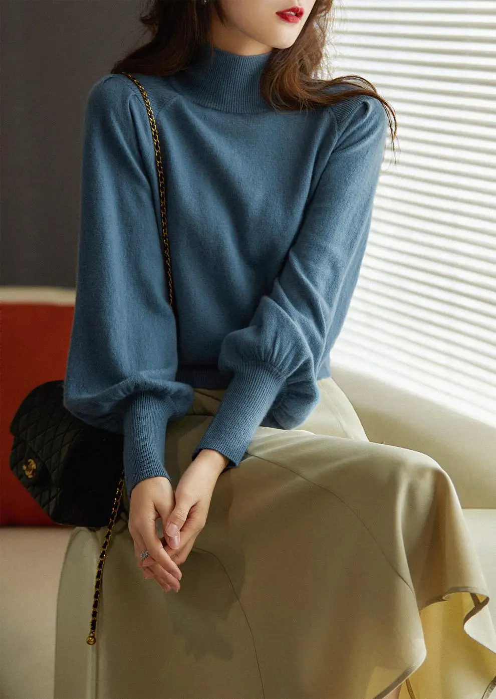 Women Black Knit Sweatshirt with Long Sleeve & High Waist — feature 3