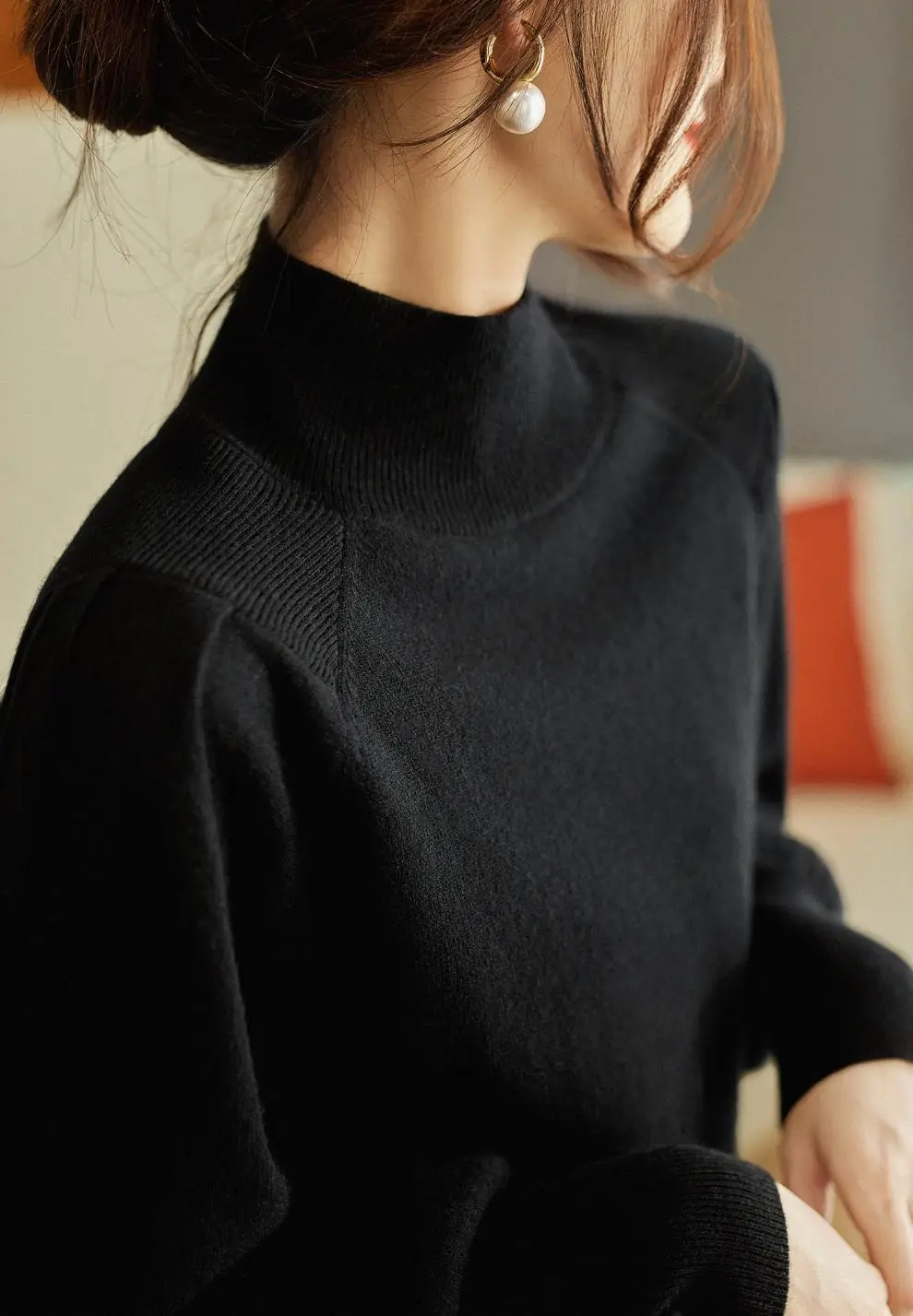 Women Black Knit Sweatshirt with Long Sleeve & High Waist — feature 8