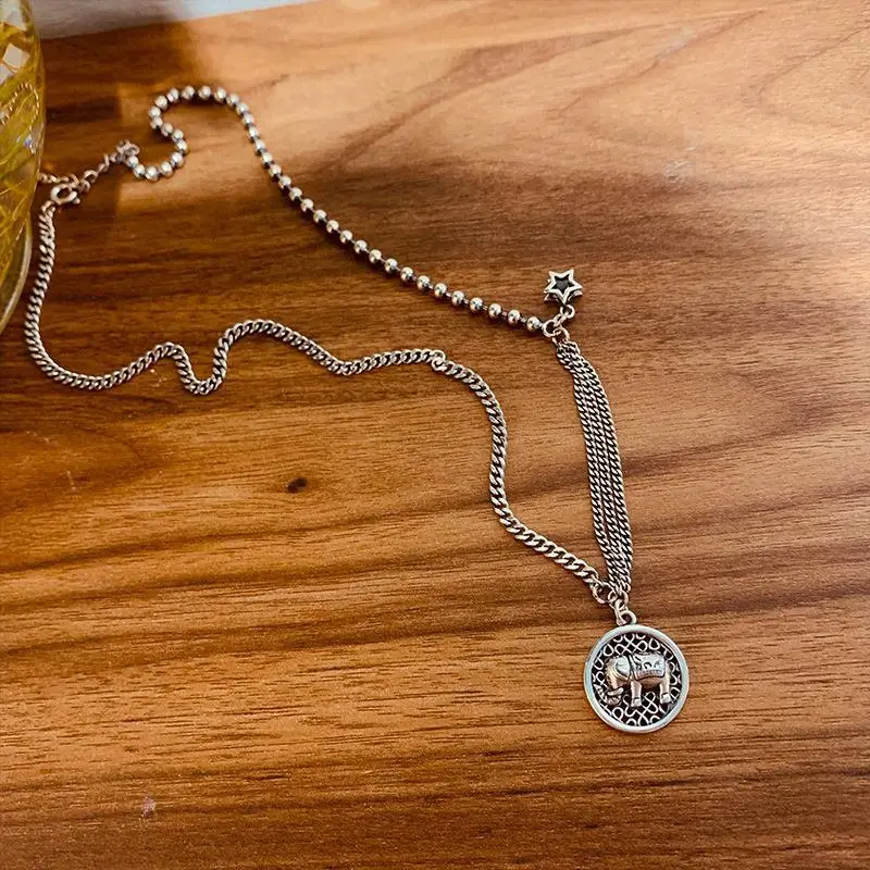 Sterling Silver Smiley Star Necklace Women's Elephant Collarbone Chain Light Luxury Niche Design Sense 2023 New Fashionable Woolen Chain - Image 4