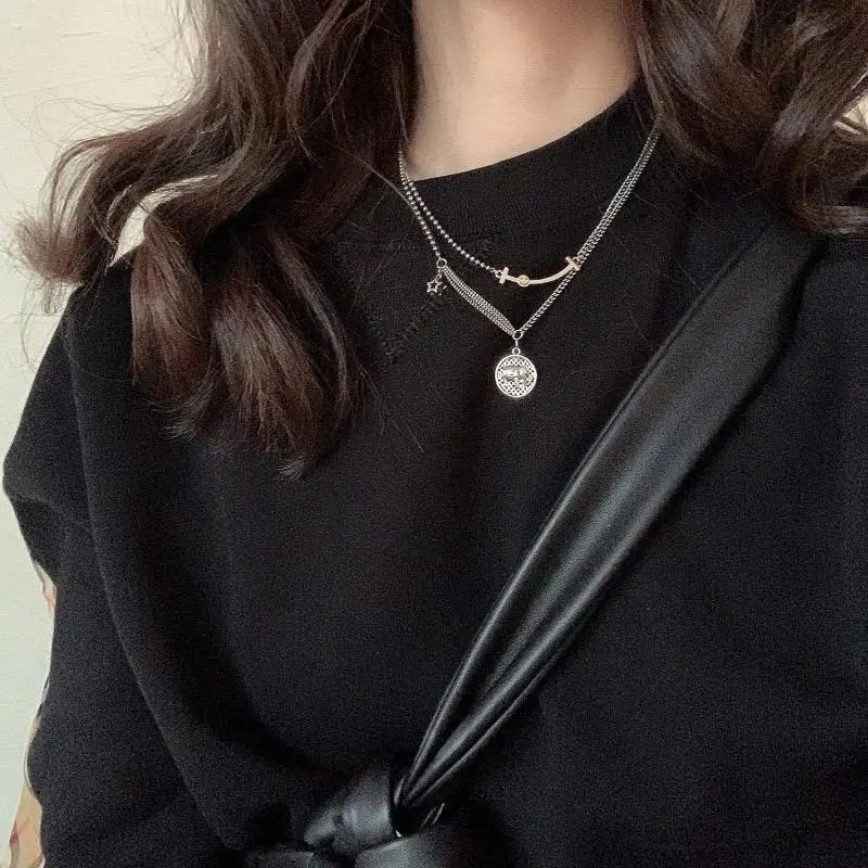 Sterling Silver Smiley Star Necklace Women's Elephant Collarbone Chain Light Luxury Niche Design Sense 2023 New Fashionable Woolen Chain - Image 5