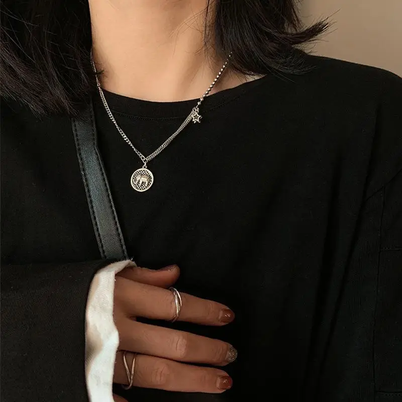 Sterling Silver Smiley Star Necklace Women's Elephant Collarbone Chain Light Luxury Niche Design Sense 2023 New Fashionable Woolen Chain - Image 6