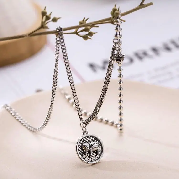 Sterling Silver Smiley Star Necklace Women's Elephant Collarbone Chain Light Luxury Niche Design Sense 2023 New Fashionable Woolen Chain — feature 4