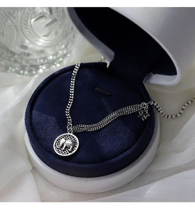 Sterling Silver Smiley Star Necklace Women's Elephant Collarbone Chain Light Luxury Niche Design Sense 2023 New Fashionable Woolen Chain - Image 2