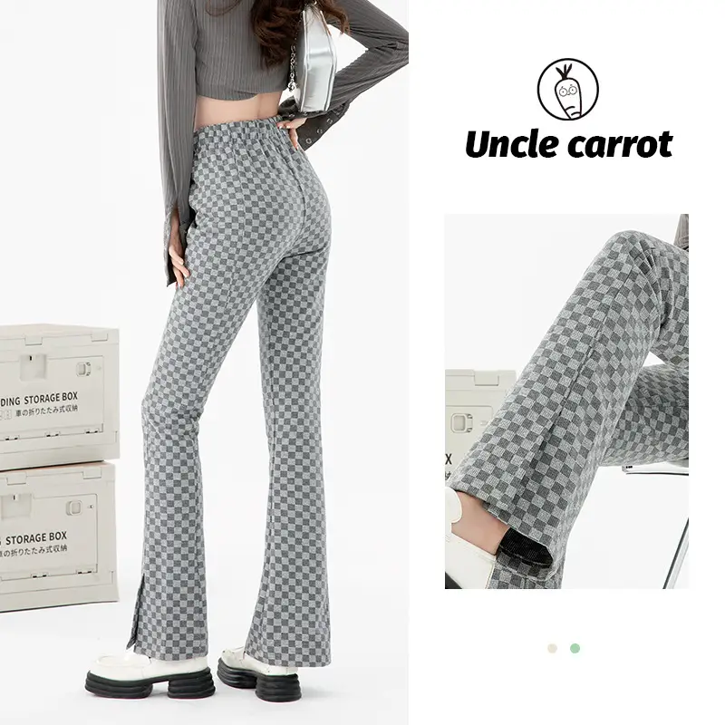Gray Flared Women's Checkered Pants with Split Hem