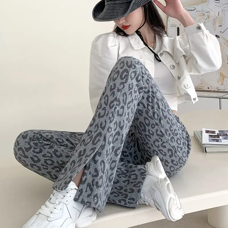 Gray Flared Women's Checkered Pants with Split Hem