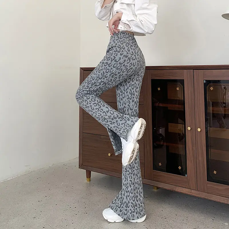 Gray Flared Women's Checkered Pants with Split Hem
