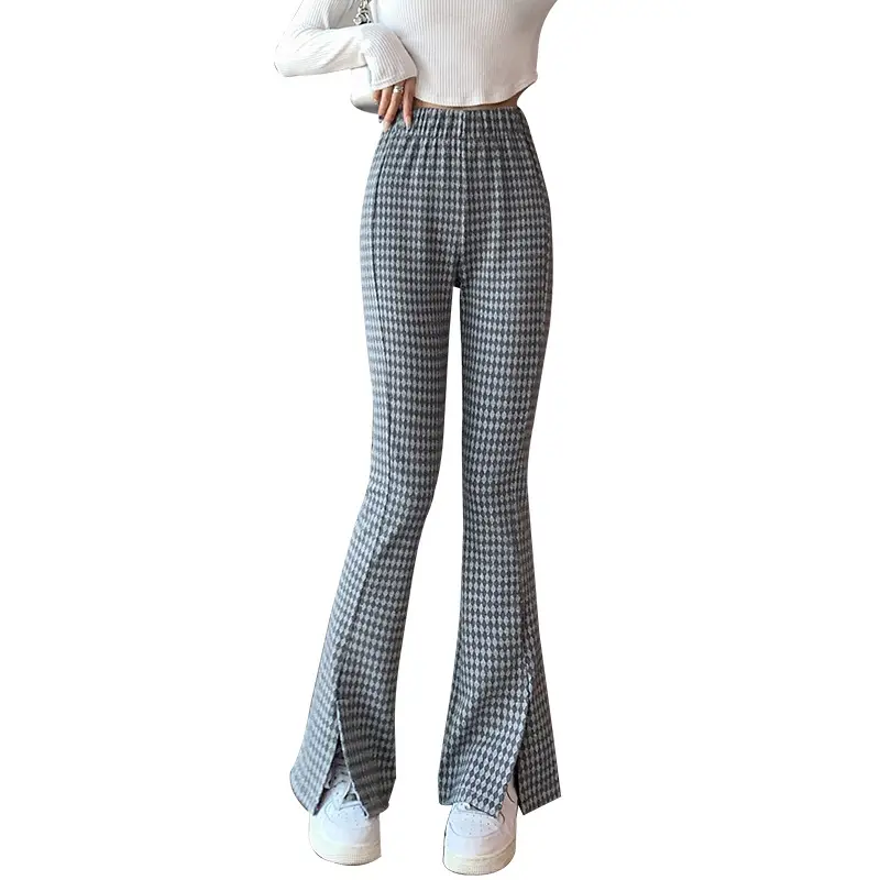 Gray Flared Women's Checkered Pants with Split Hem