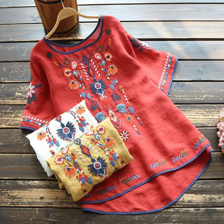 Women Ethnic Cotton Linen T-Shirt Red Long Sleeve - Image 4