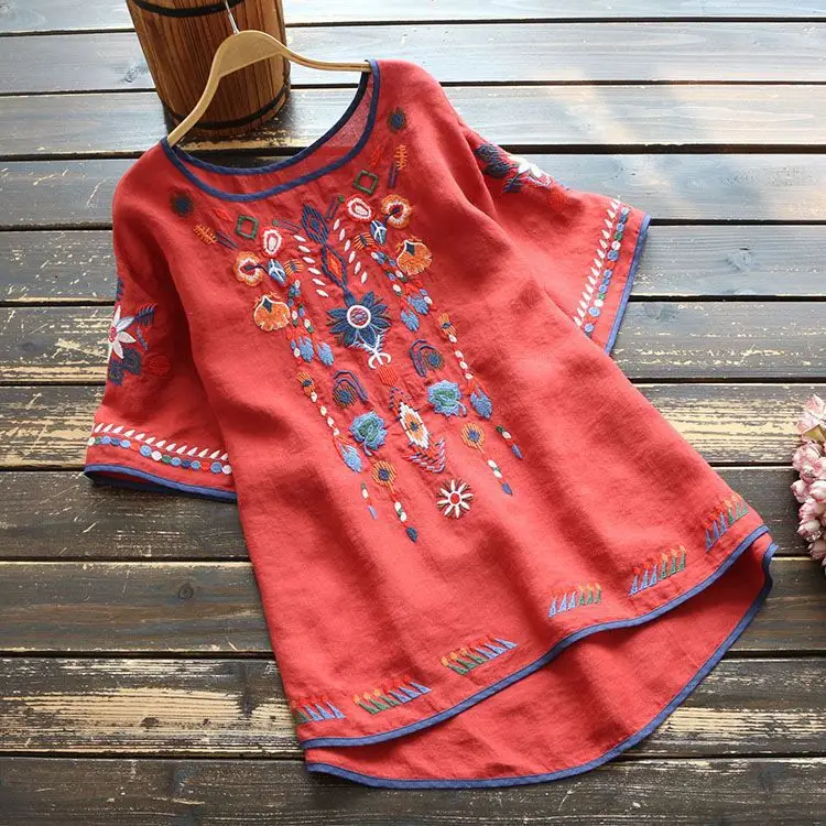 Women Ethnic Cotton Linen T-Shirt Red Long Sleeve - Image 2