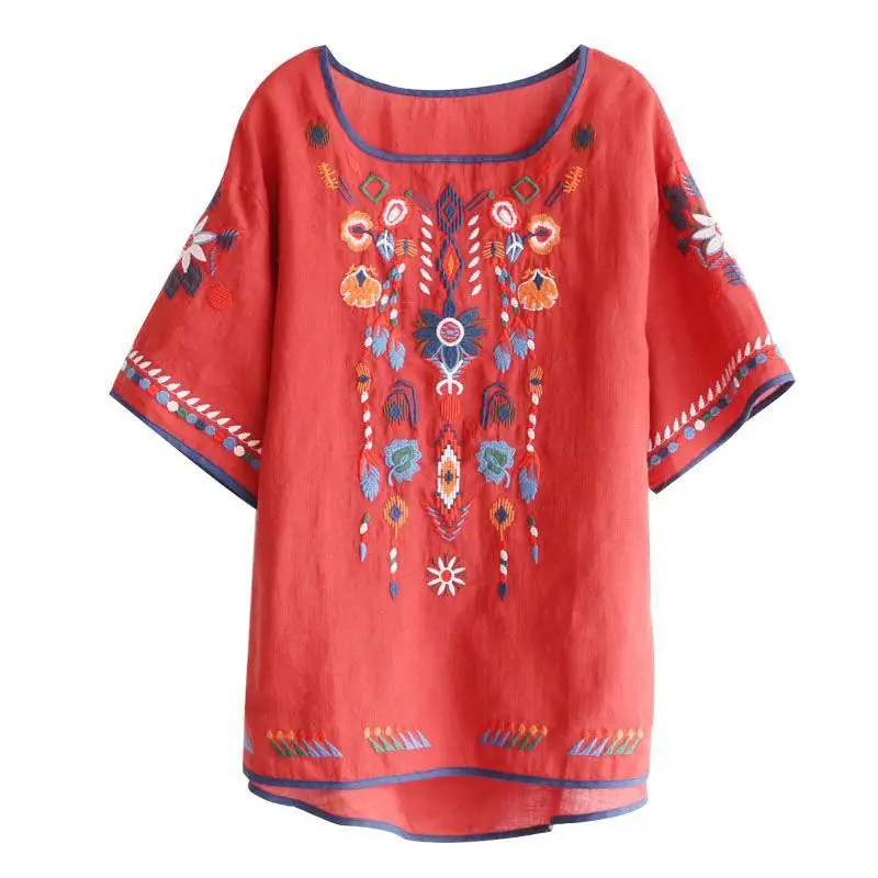 Women Ethnic Cotton Linen T-Shirt Red Long Sleeve - Image 5