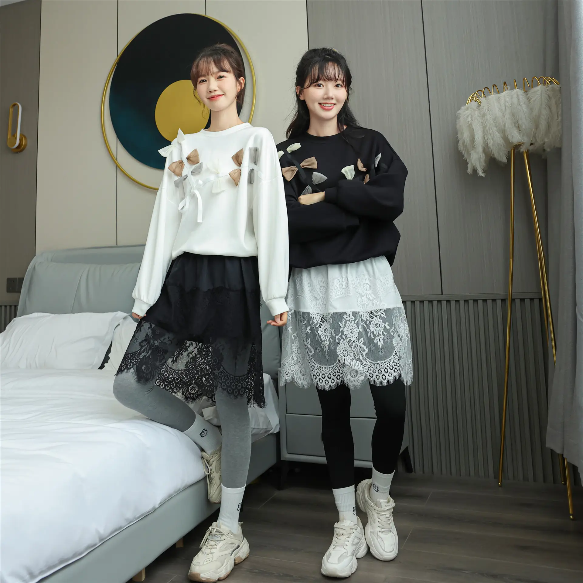 2022 Spring Sweater Set White Black Lace Bottom Large - Image 4