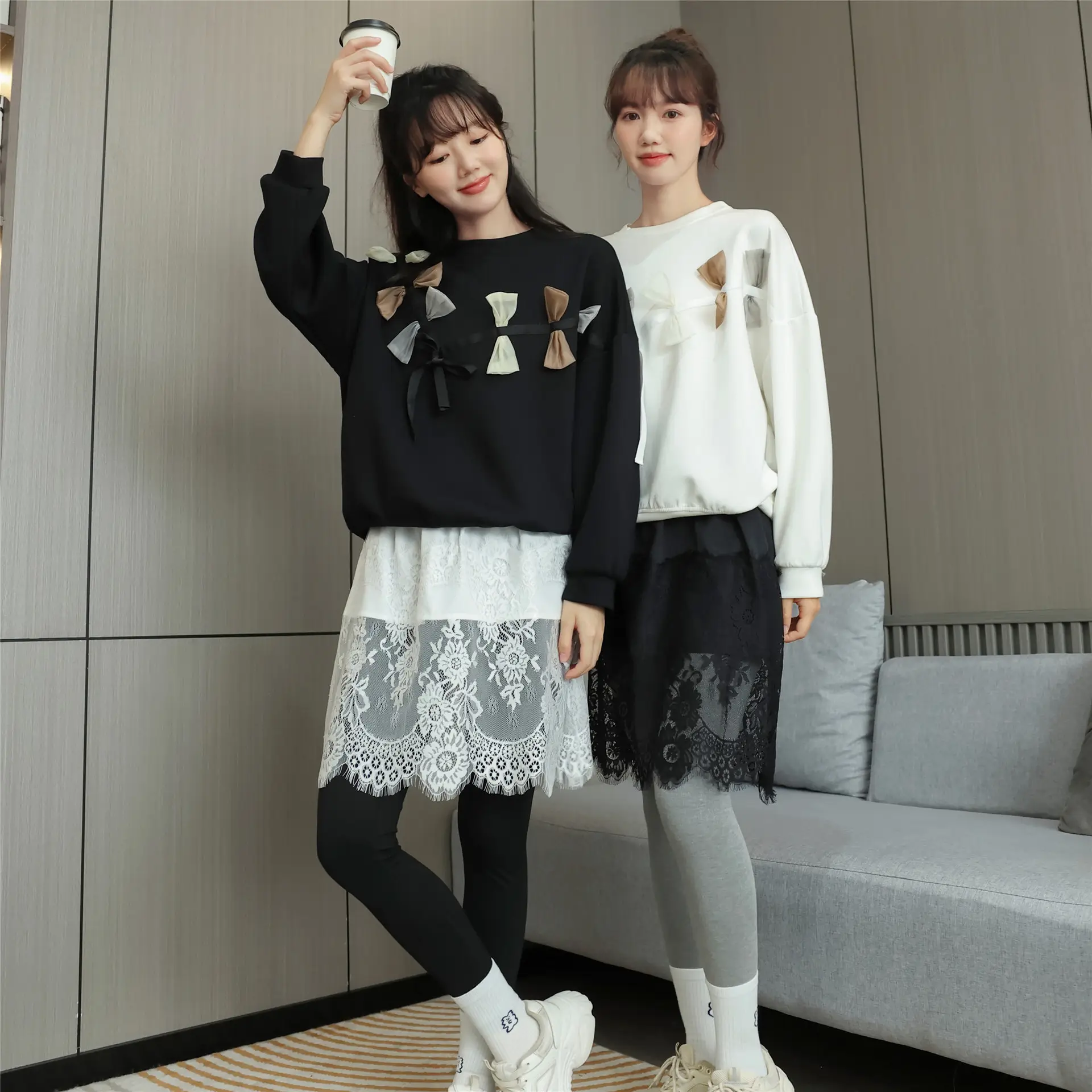 2022 Spring Sweater Set White Black Lace Bottom Large - Image 5