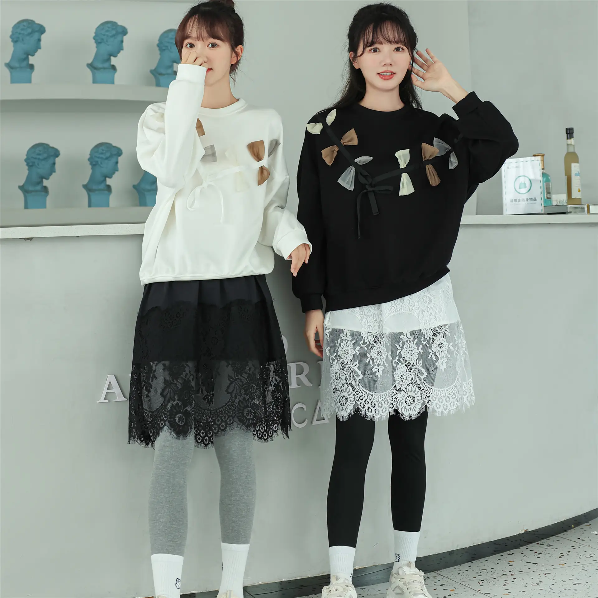 2022 Spring Sweater Set White Black Lace Bottom Large - Image 6
