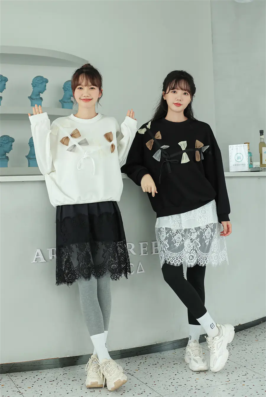 2022 Spring Sweater Set White Black Lace Bottom Large — feature 18