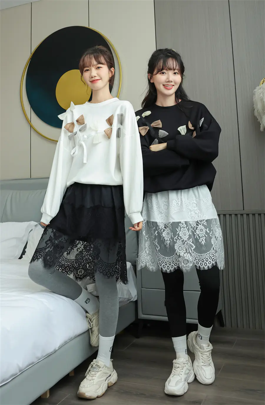 2022 Spring Sweater Set White Black Lace Bottom Large — feature 2