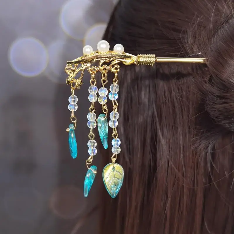 Elegant Gold Tassel Hairpin with Blue Crystal Drop - Image 3