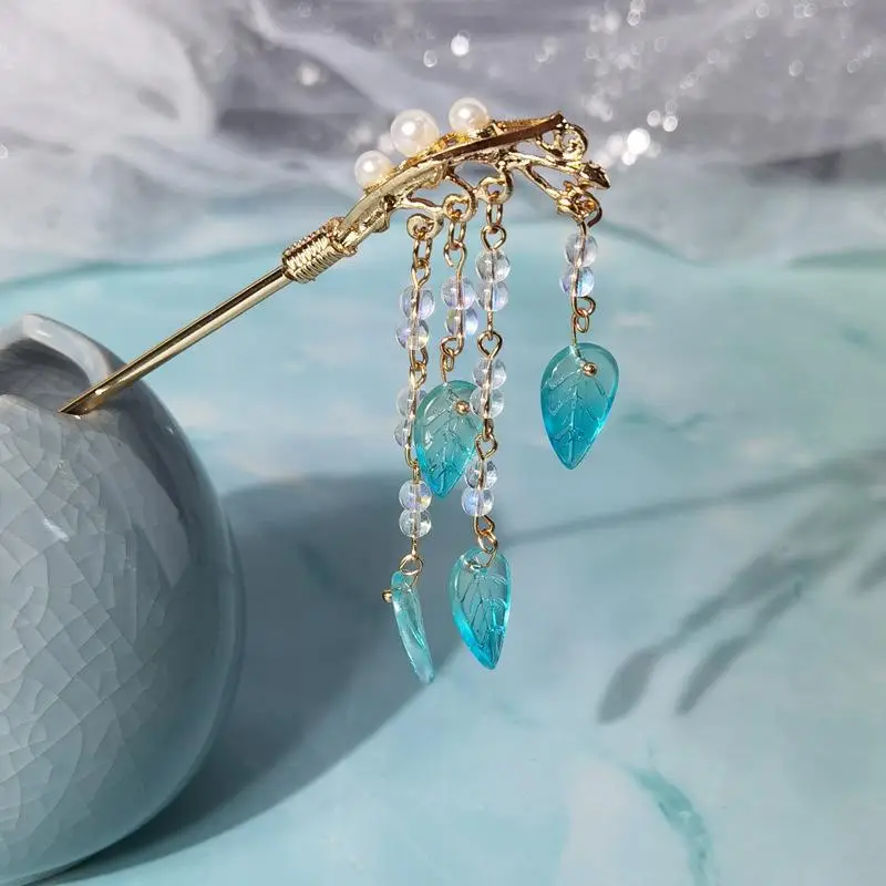 Elegant Gold Tassel Hairpin with Blue Crystal Drop - Image 5