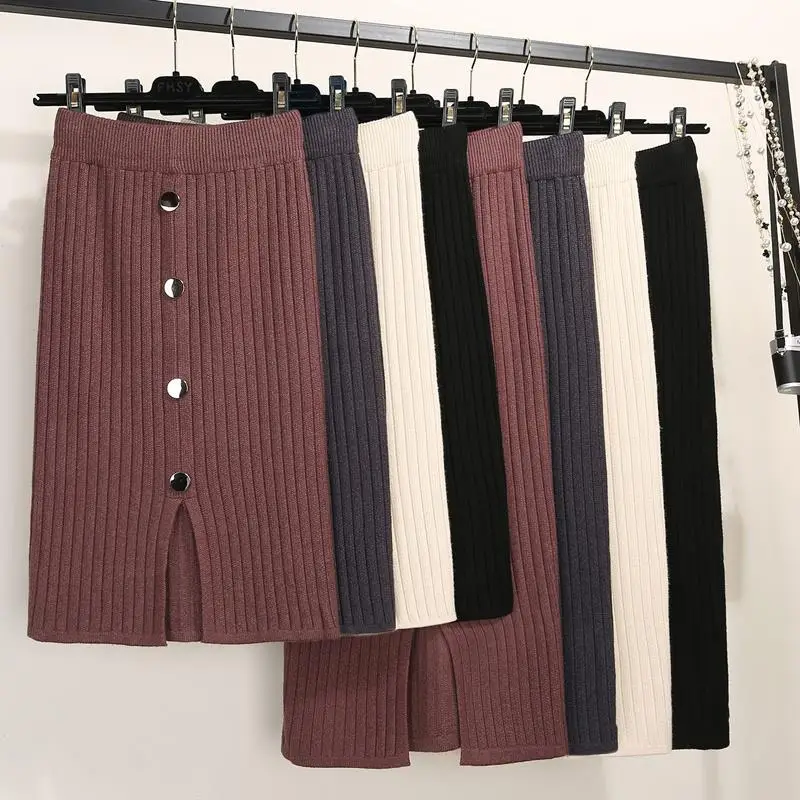 Women's Black Knitted Mid-Length Skirt with Button Front - Image 5