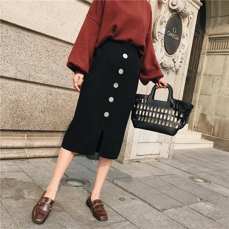 Women's Black Knitted Mid-Length Skirt with Button Front - Image 6