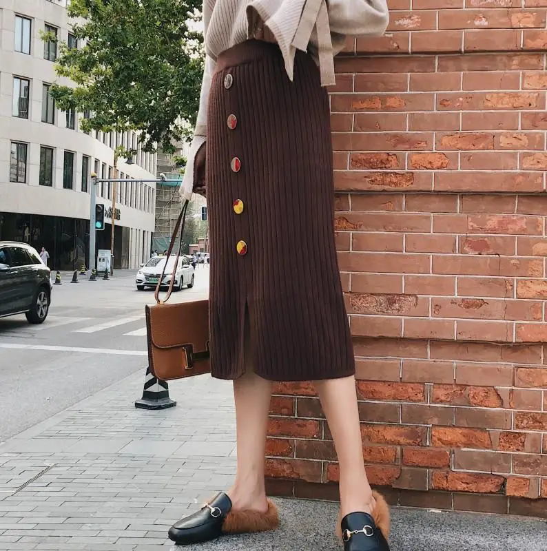 Women's Black Knitted Mid-Length Skirt with Button Front - Image 7