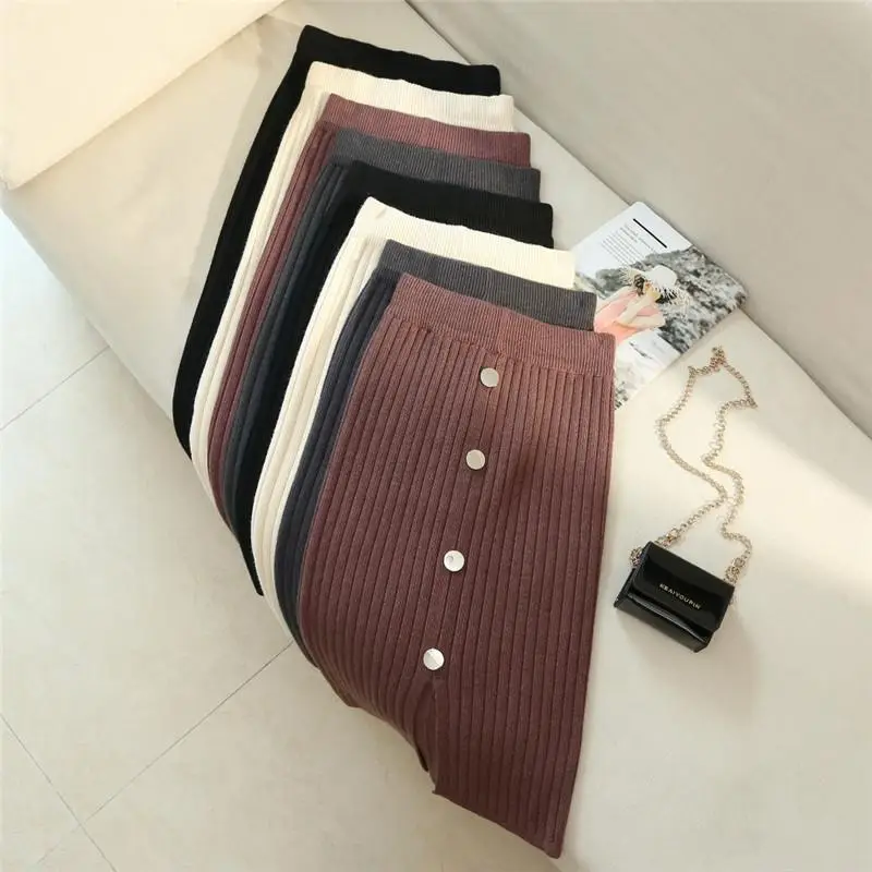Women's Black Knitted Mid-Length Skirt with Button Front - Image 8