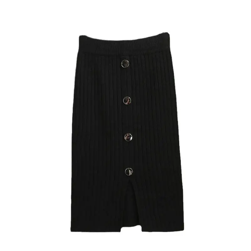 Women's Black Knitted Mid-Length Skirt with Button Front - Image 9