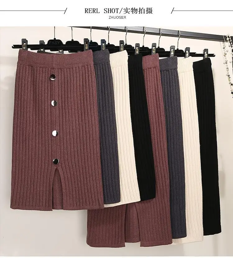 Women's Black Knitted Mid-Length Skirt with Button Front — feature 1