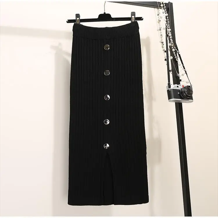 Women's Black Knitted Mid-Length Skirt with Button Front — feature 10