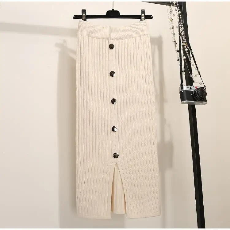 Women's Black Knitted Mid-Length Skirt with Button Front — feature 11