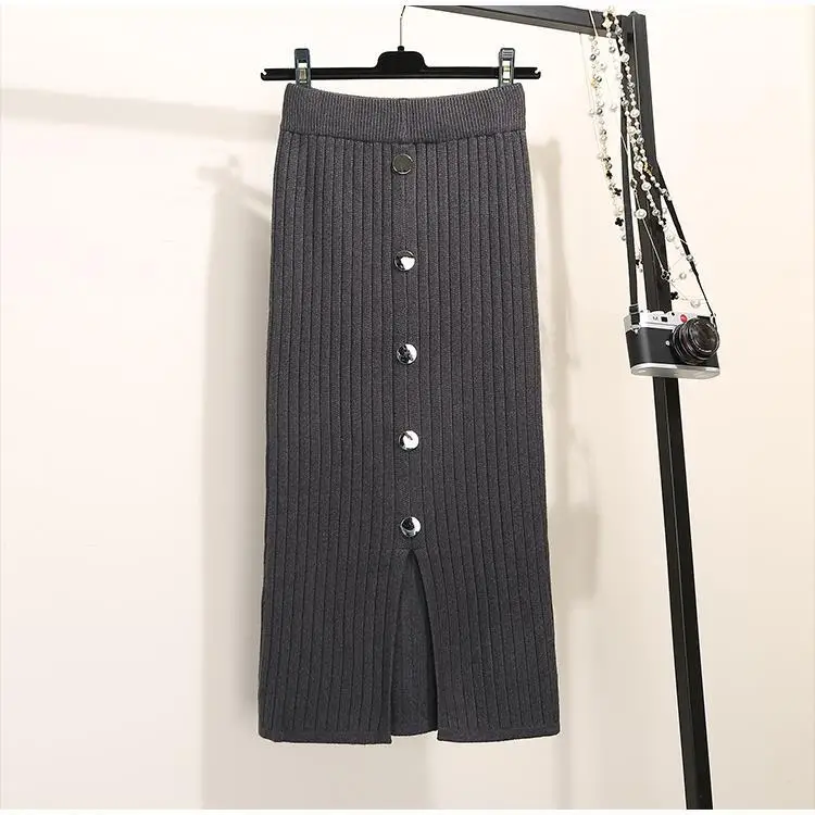 Women's Black Knitted Mid-Length Skirt with Button Front — feature 12