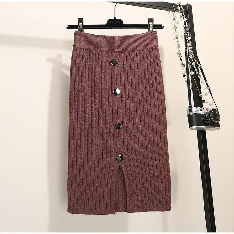 Women's Black Knitted Mid-Length Skirt with Button Front — feature 3