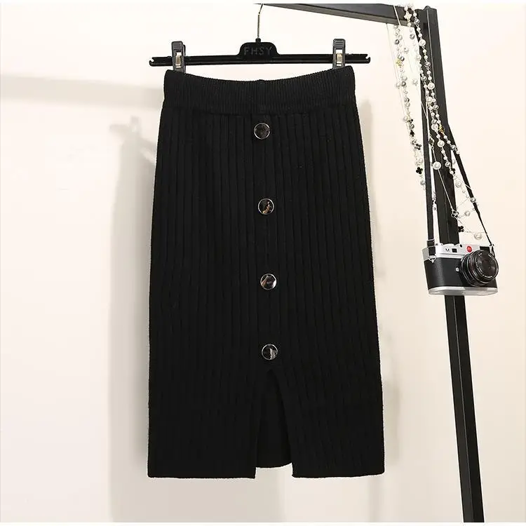 Women's Black Knitted Mid-Length Skirt with Button Front — feature 4