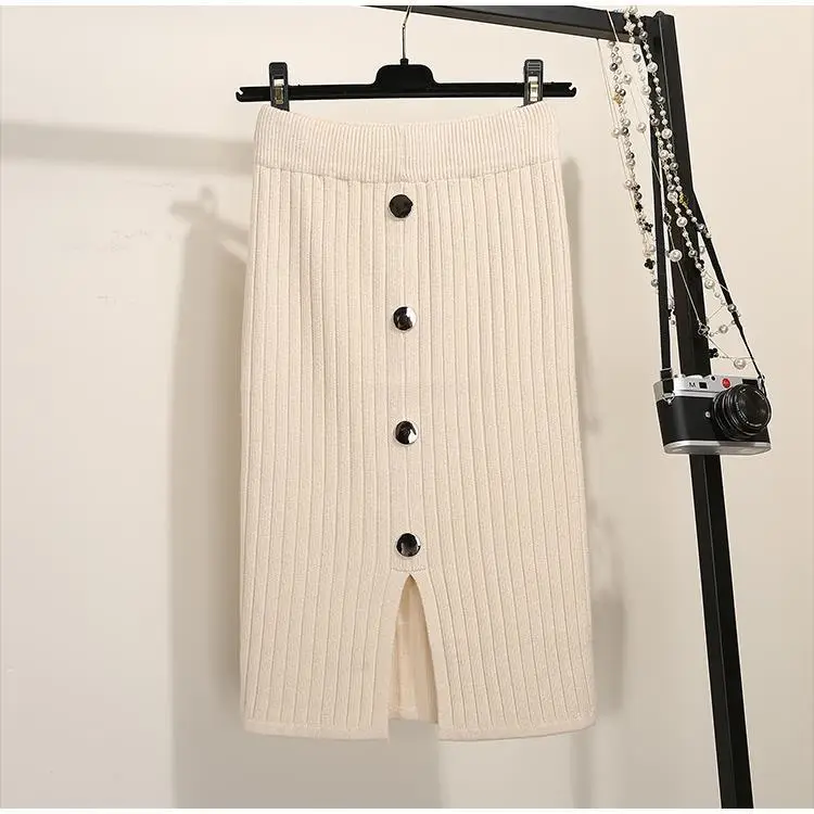 Women's Black Knitted Mid-Length Skirt with Button Front — feature 5