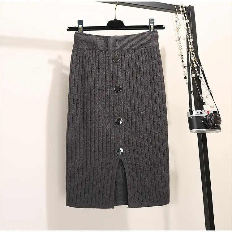Women's Black Knitted Mid-Length Skirt with Button Front — feature 6
