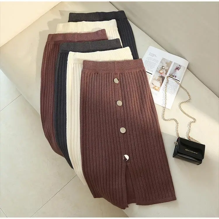 Women's Black Knitted Mid-Length Skirt with Button Front — feature 7