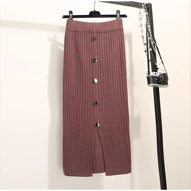 Women's Black Knitted Mid-Length Skirt with Button Front — feature 8