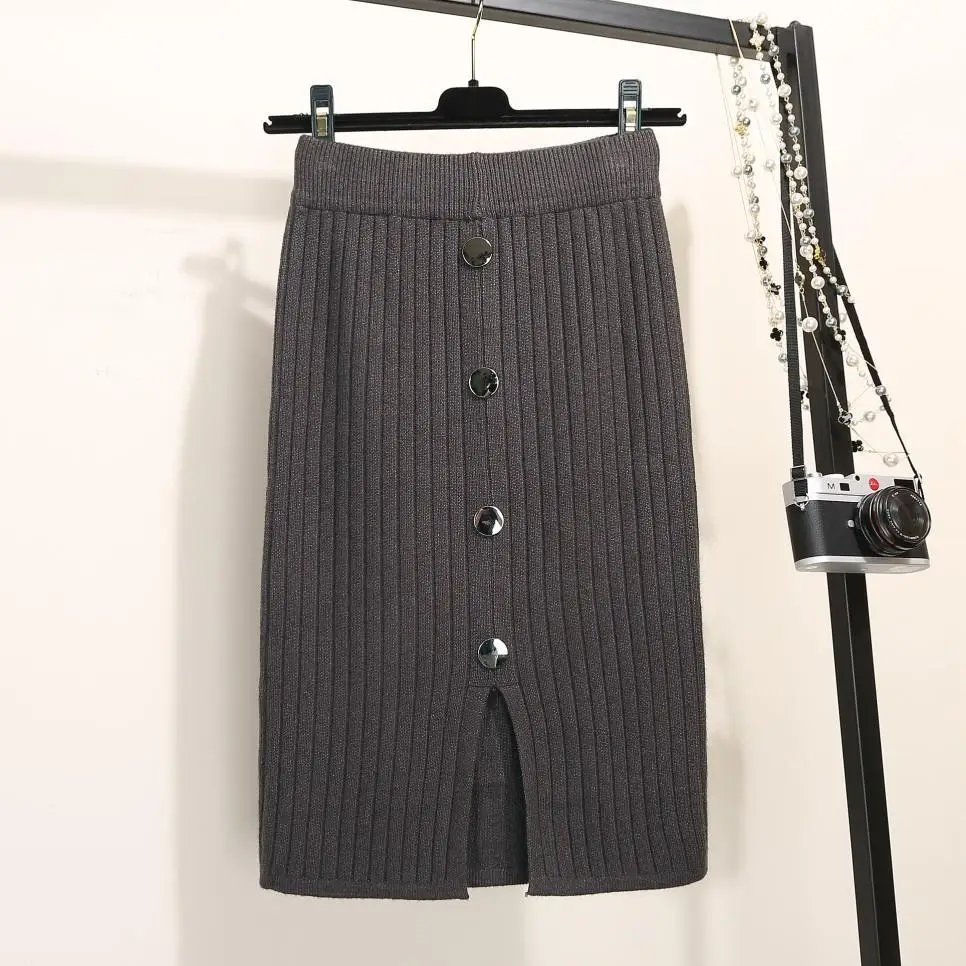 Women's Black Knitted Mid-Length Skirt with Button Front - Image 2